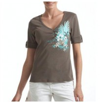 T-shirt femme imprimé, col V, manches courtes